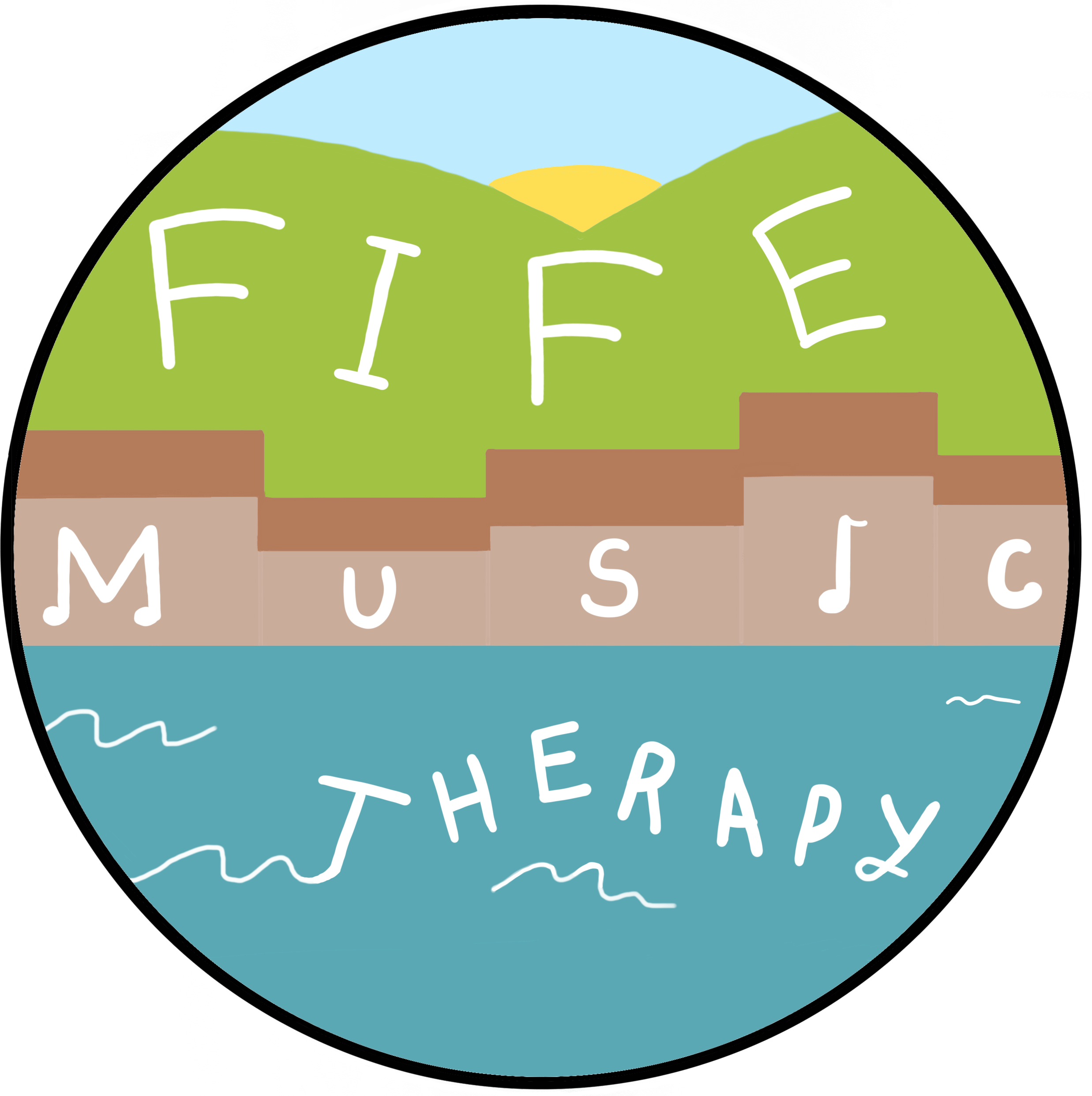 A logo with the name Fife Music Therapy written amongst a coastal painting of the sea, houses, hills and a sunrise in vibrant colours.